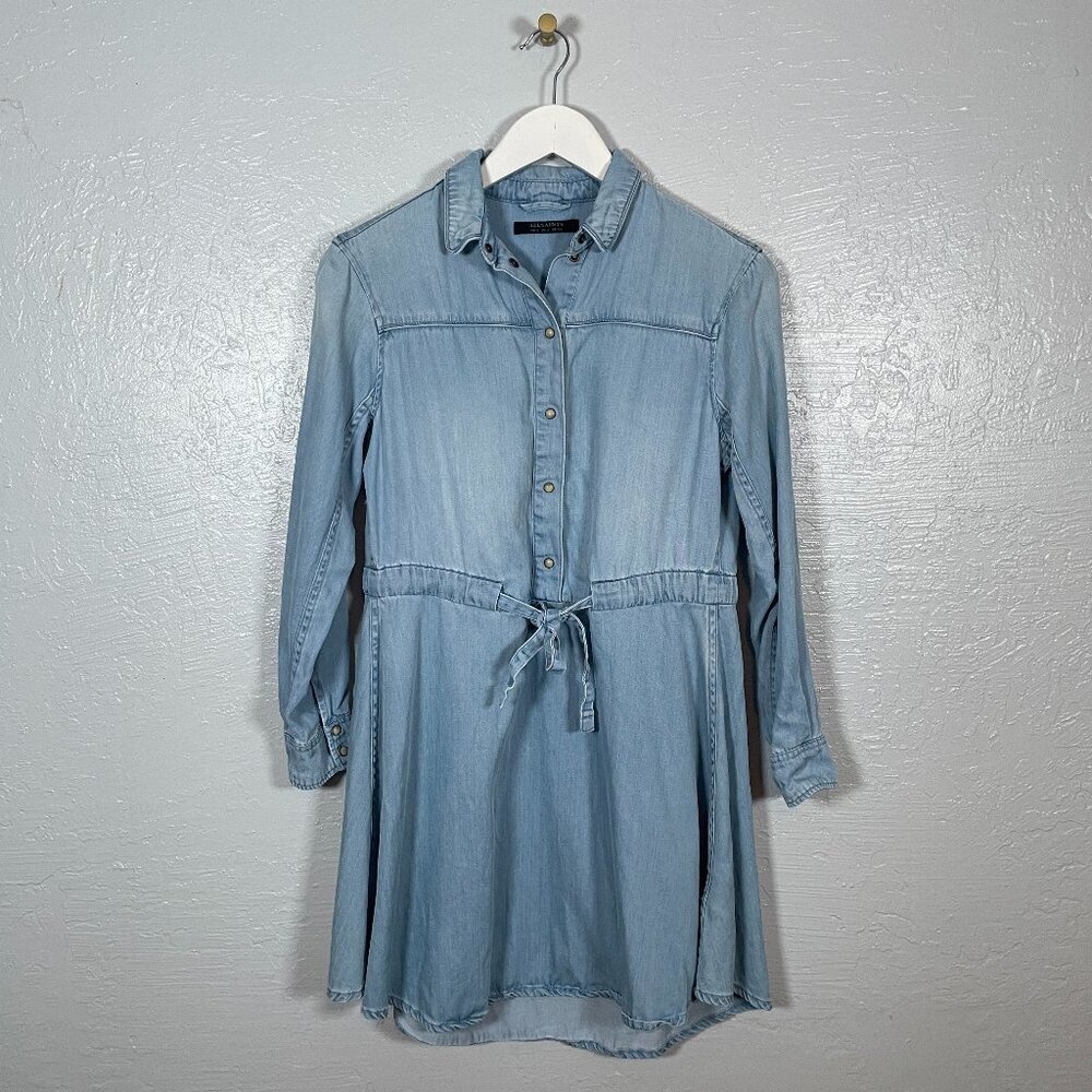 All Saints Women 2 Blue Denim Chambray Calla Bay Shirt Dress Snaps Tie Waist